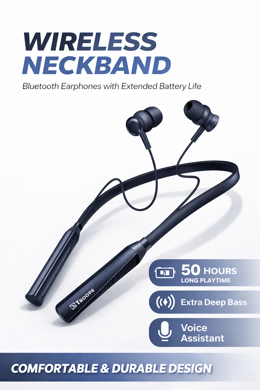 P Troops Wireless Bluetooth Neckband Earphones | 20+ Hours Playtime, 10mm Drivers & Type-C Fast Charging - Blue
